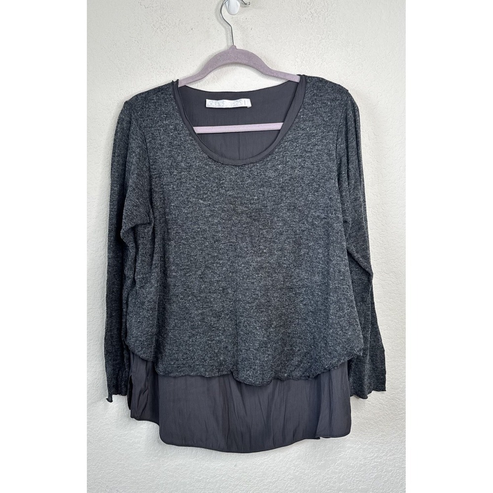 Lola & Sophie Layered Knit Top Women's L Gray Chiffon Hem‎ Minimalist Layered
